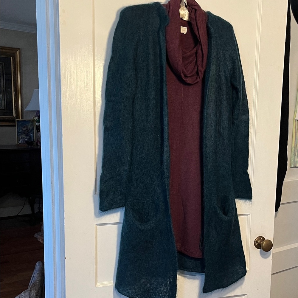 Cozy long open front Teal Women's cardigan duster sweater mohair size small